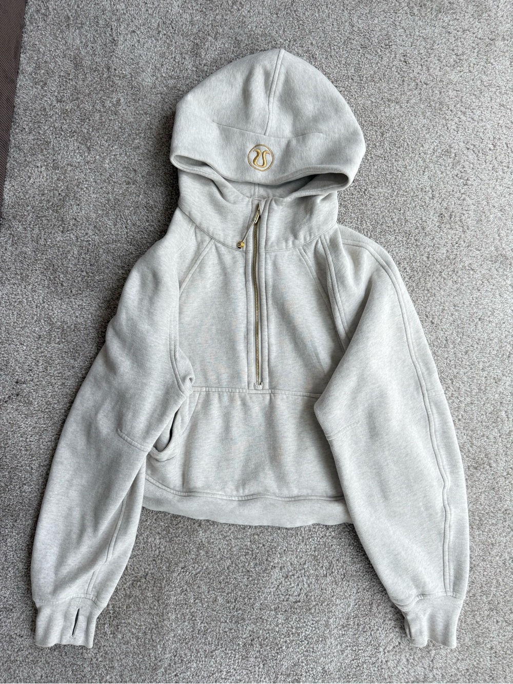 lululemon athletica Light Gray Cropped Half-Zip Hoodie with Gold Logo